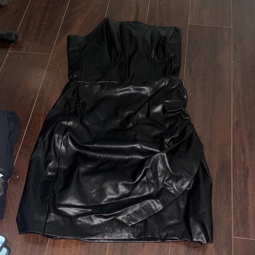 Strapless Faux Leather Black Cocktail Dress
